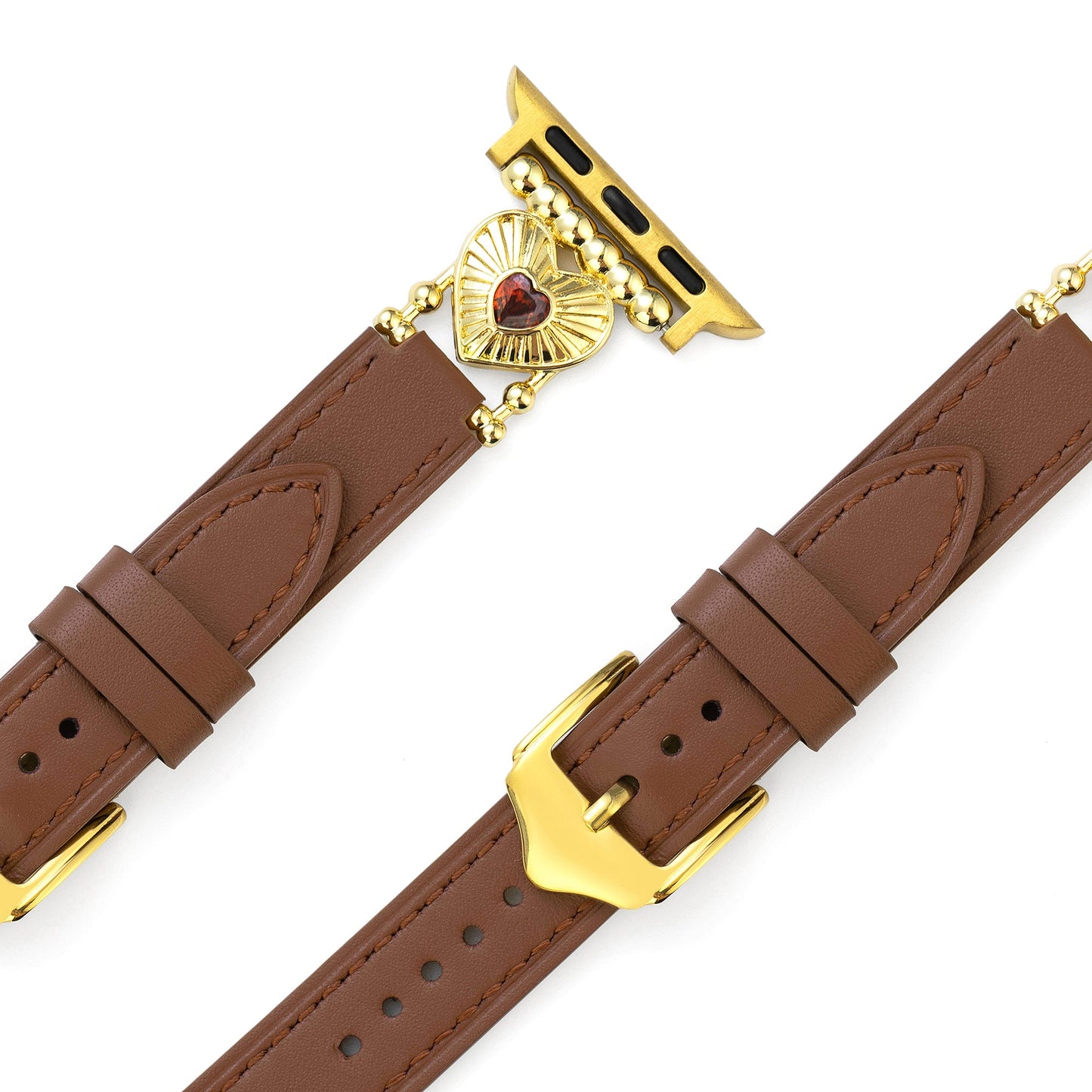 Elegant Heart-Adorned Leather Watch Band, 14k Gold- and Platinum-Plated