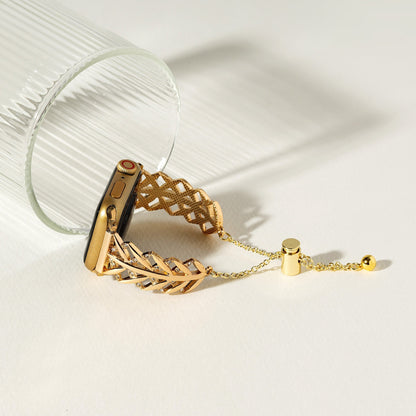 Rhinestone-Studded Leaf Metal Watch Band