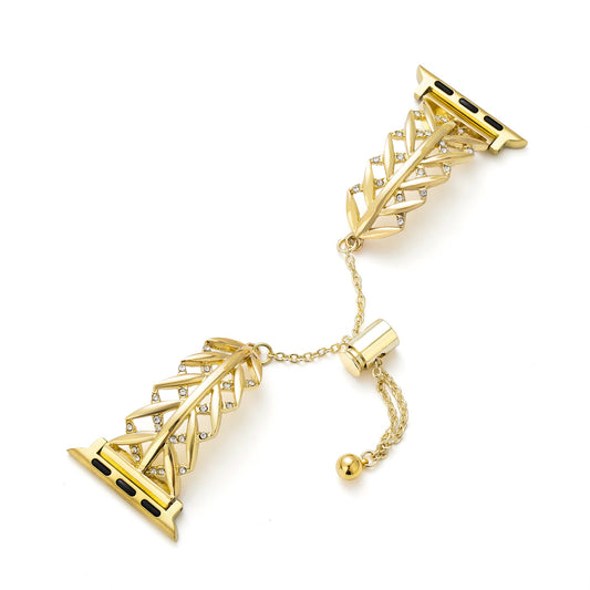 Rhinestone-Studded Leaf Metal Watch Band