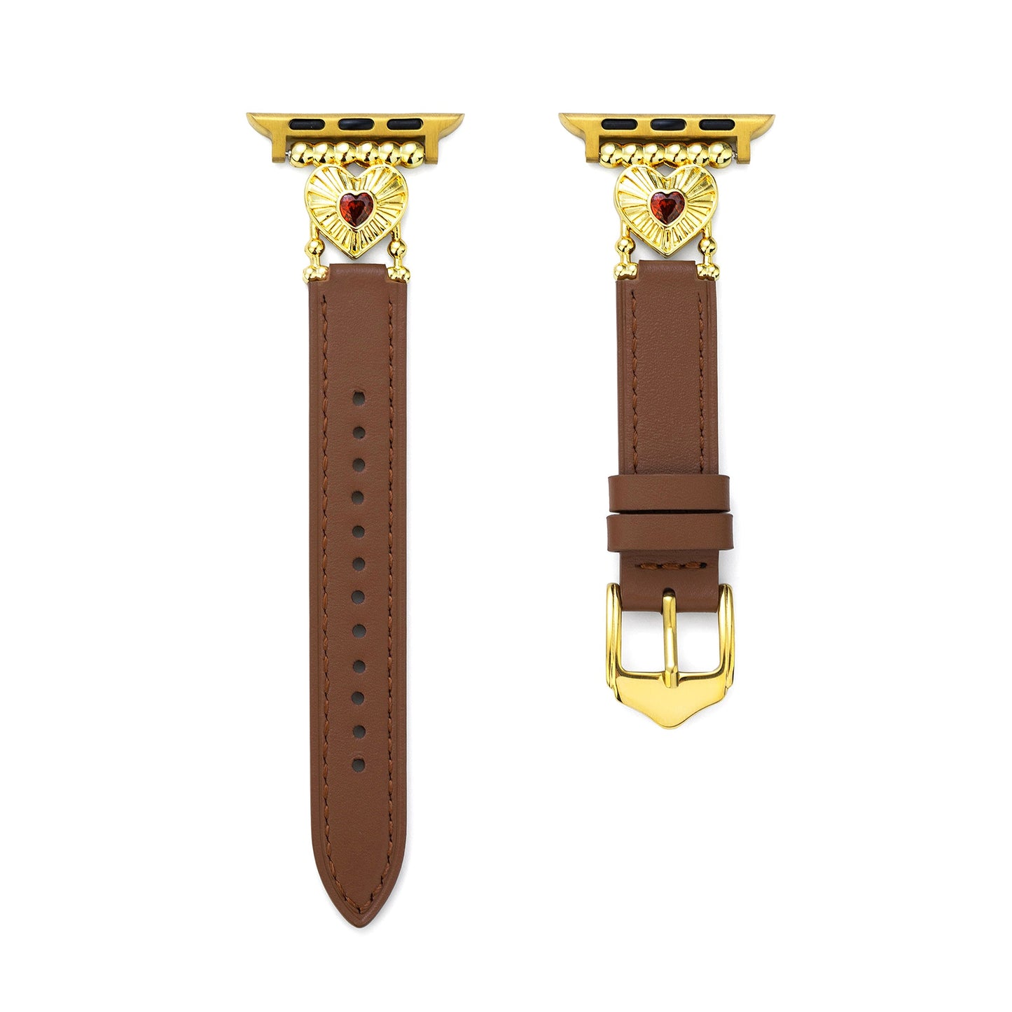 Elegant Heart-Adorned Leather Watch Band, 14k Gold- and Platinum-Plated