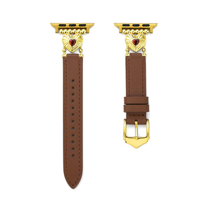 Elegant Heart-Adorned Leather Watch Band, 14k Gold- and Platinum-Plated