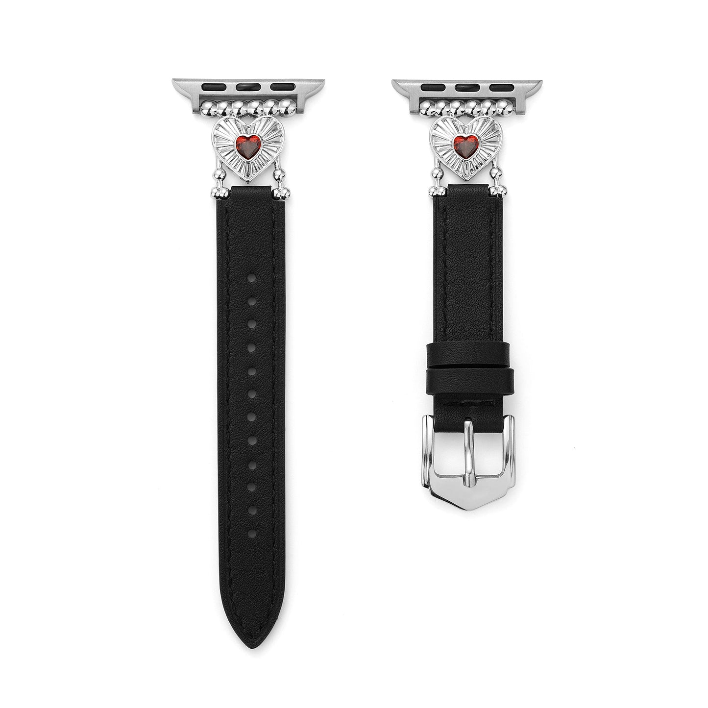 Elegant Heart-Adorned Leather Watch Band, 14k Gold- and Platinum-Plated