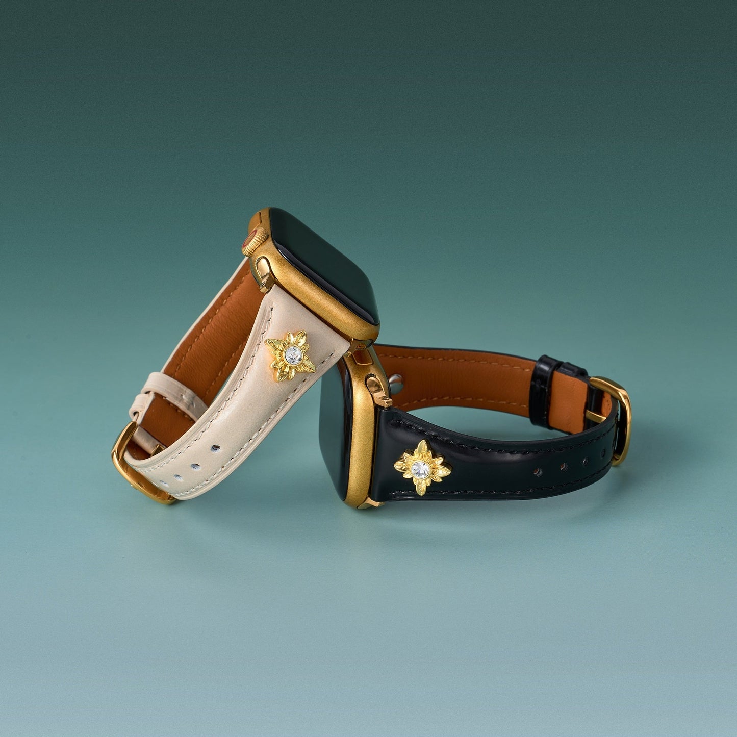 Floral-Accent Leather Watch Band with 14k Gold & Platinum Plating