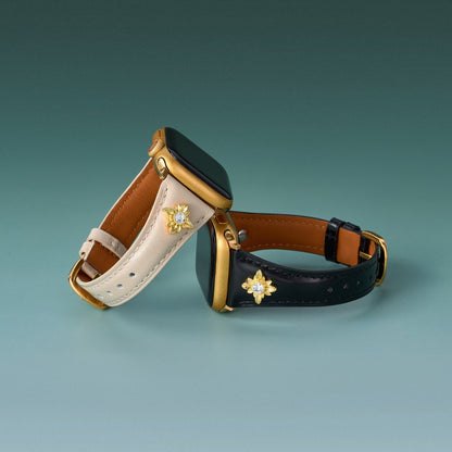 Floral-Accent Leather Watch Band with 14k Gold & Platinum Plating