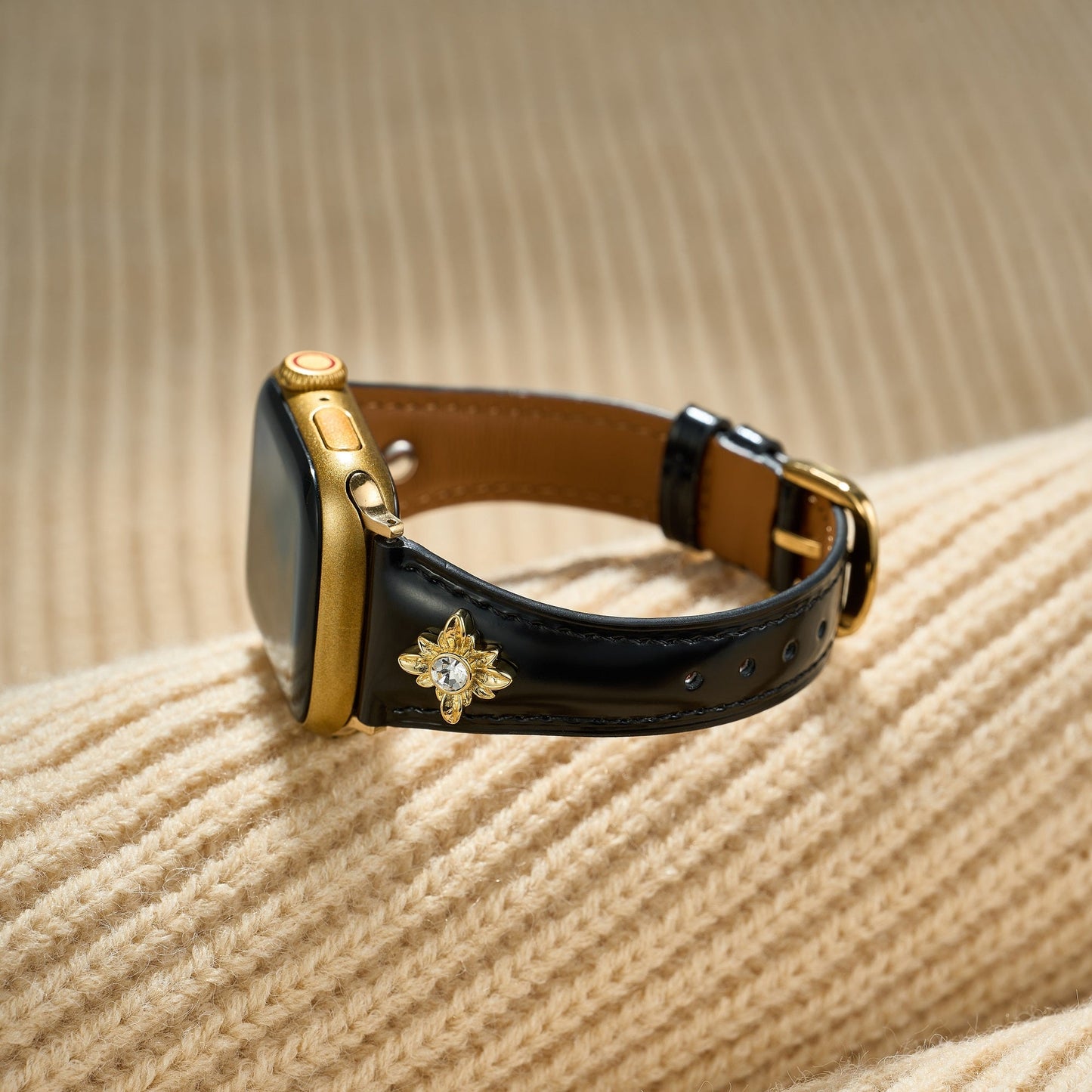 Floral-Accent Leather Watch Band with 14k Gold & Platinum Plating