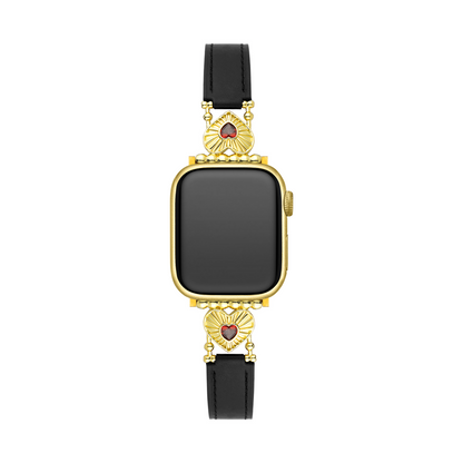 Elegant Heart-Adorned Leather Watch Band, 14k Gold- and Platinum-Plated