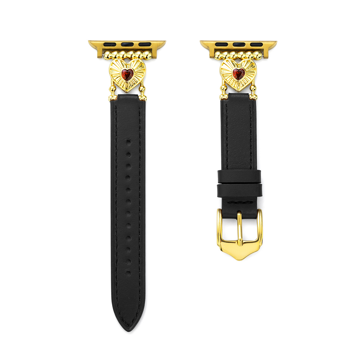 Elegant Heart-Adorned Leather Watch Band, 14k Gold- and Platinum-Plated