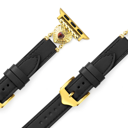 Elegant Heart-Adorned Leather Watch Band, 14k Gold- and Platinum-Plated