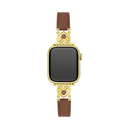 Elegant Heart-Adorned Leather Watch Band, 14k Gold- and Platinum-Plated