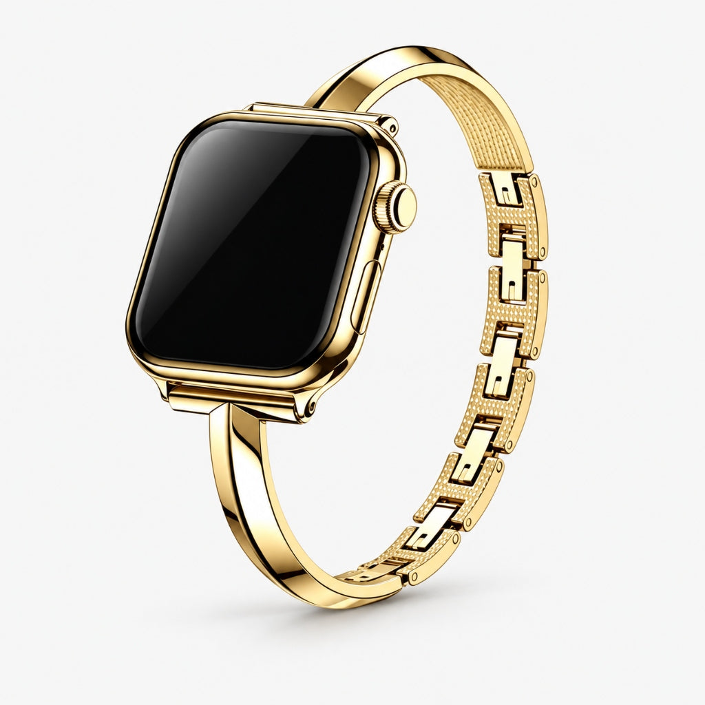 Gold stainless steel bangle Apple Watch bracelet band front angle view