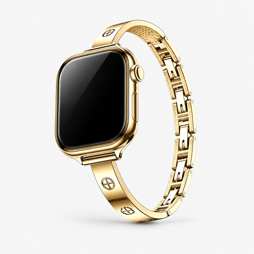 Gold stainless steel loop Apple Watch bracelet band front angle view
