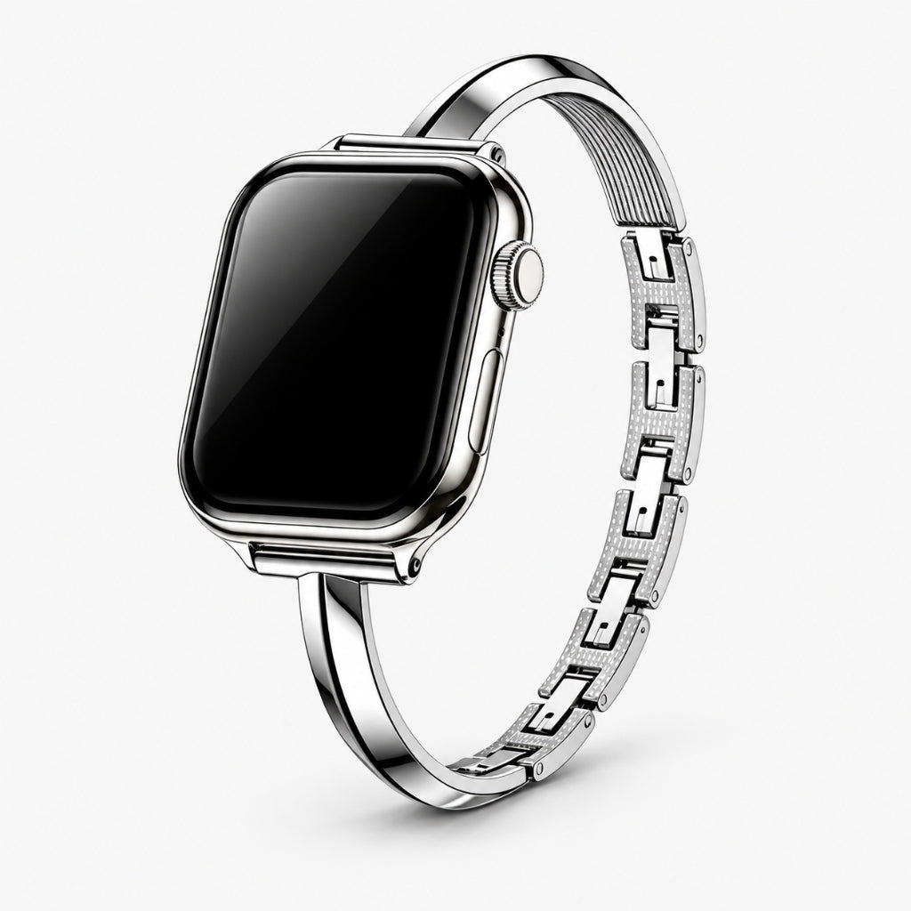 Silver stainless steel bangle Apple Watch bracelet band front angle view